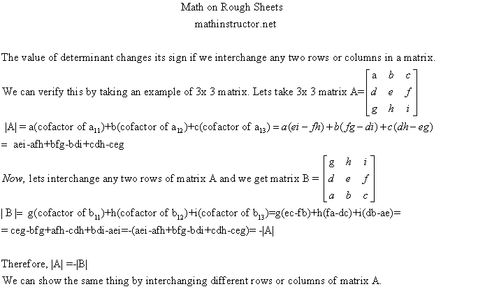 How to show that determinant of matrix changes its sign when we interchange any two rows or columns of matrix?